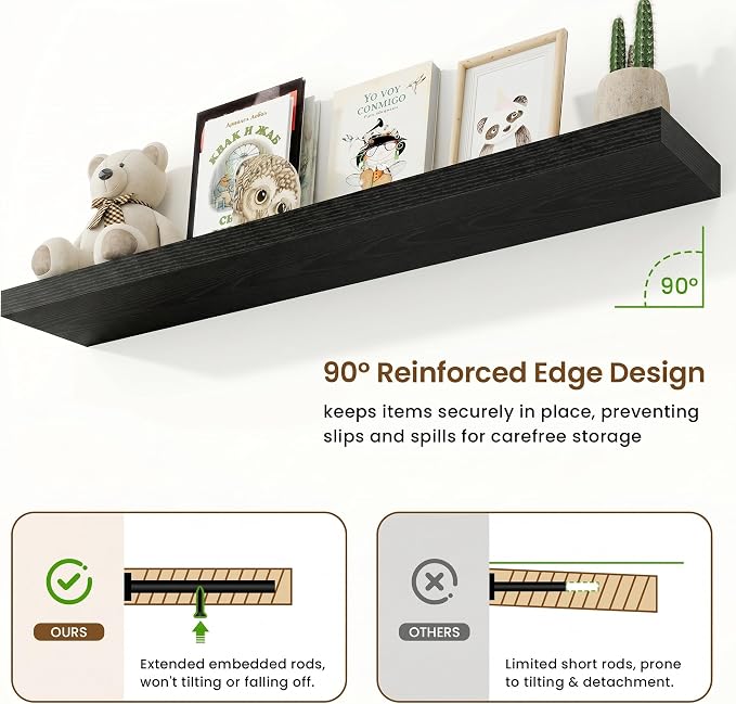 9.25in Depth 55in Floating Shelves, 55"W x 9.25"D x 1.5"H, Black, 2Pcs | Long Wall Mounted Engineered Wood Shelves for Wall with Invisible Brackets for Living Room, Bedroom, Bathroom, Kitchen
