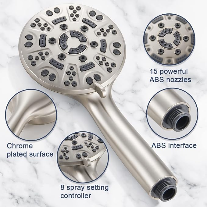 Cobbe 8-Setting Handheld Shower Head, Water-Saving Design, Brushed Nickel | Trickle Pause Mode, 5ft Stainless Steel Hose, Brass Swivel Bracket, Tool-Free Installation