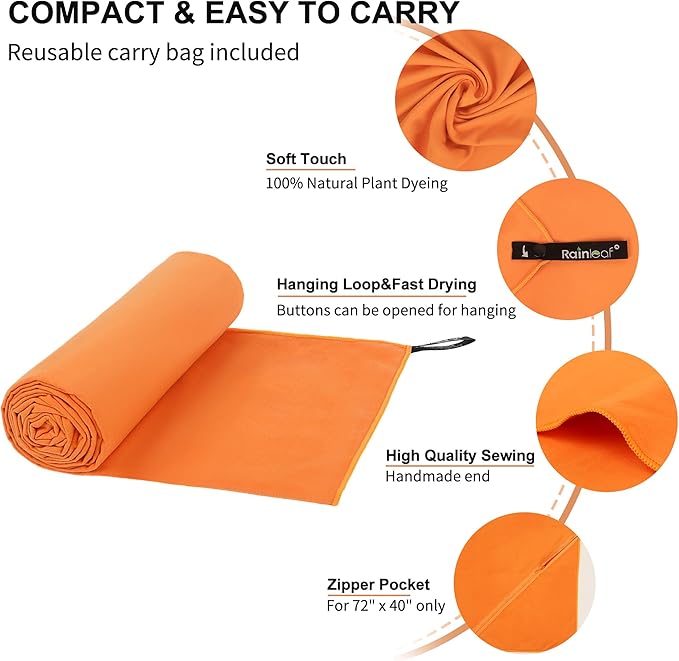 Rainleaf Microfiber Towel Quick Dry Camping & Travel & Gym Towel. Compact | Super Absorbent, Lightweight, Fast Drying. Suitable for Beach, Bath, Backpacking, Hiking, Swim.