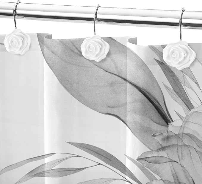 Cute Rose Floral Shower Curtain Hooks Rings for Bathroom,White 12PCS | Metal Rustproof Curtain Hooks Shower Rings,Girls Decorative Flower Bathroom Decor,for Bathroom Shower Rods