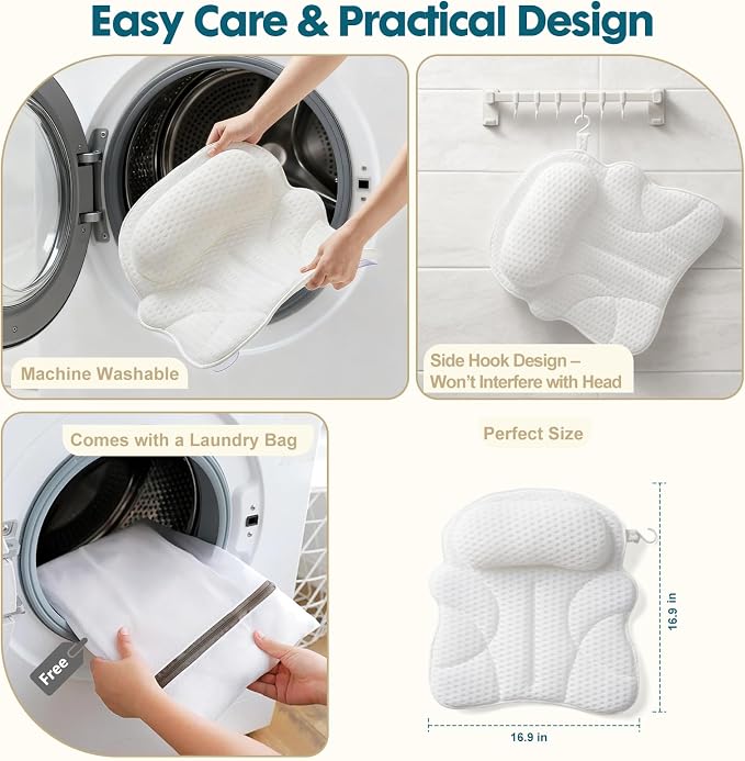 Small Bath Pillow – Bathtub Pillow with Head, Neck & Shoulder Support, Non-Slip Tub Pillow for Bathtub & Jacuzzi, Breathable Bath Tub Pillow with Wash Bag, Bath Accessories Gift for Women & Men