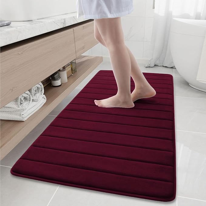 Buganda Memory Foam Bath Mat 60 x 24, Ultra Soft Absorbent Bathroom Rugs | Burgundy, Machine Washable Quick Dry Bath Mats for Bathroom Floor, Shower and Tub, Home Decor Accessories