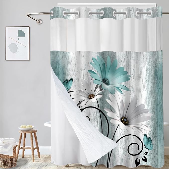 Hookless Shower Curtain with Snap in Liner, Teal No Hook Shower Curtains for Bathroom，Shower Curtain and Liner Set for Bathroom Decor,Waterproof & Washable, 72W x 75L Inch