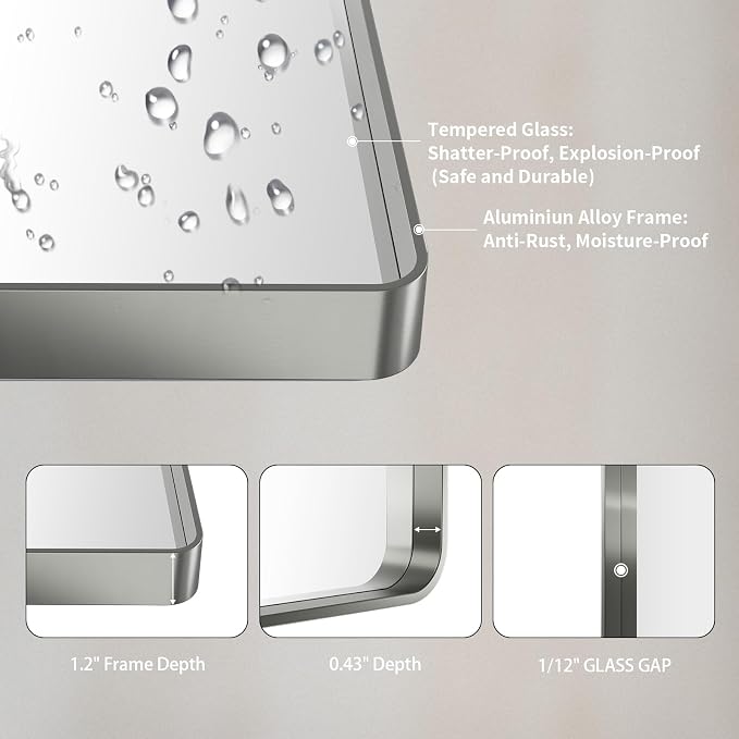LOAAO 40X32 Inch Brushed Nickel Bathroom Mirror | Rounded Rectangle, Silver Metal Frame, Anti-Rust, Shatter Proof, Hangs Horizontally or Vertically