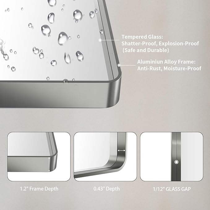 LOAAO 30X30 Inch Brushed Nickel Bathroom Mirror | Rounded Rectangle, Silver Metal Frame, Anti-Rust, Shatter Proof, Hangs Horizontally or Vertically
