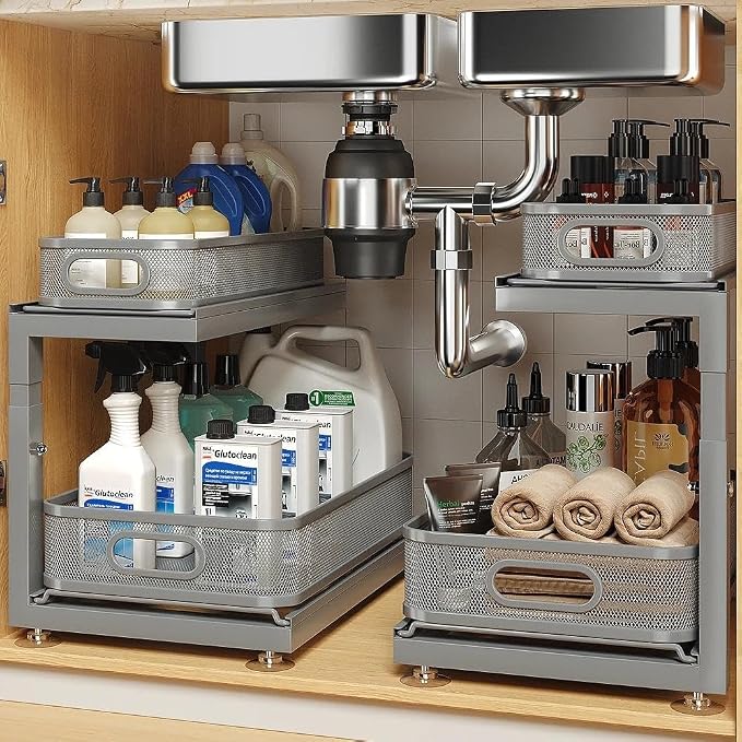 2-Pack Under Sink Storage Organizer with 2-Tier Slide Out Drawer, Sophisticated Mesh Pull Out Shelf for Kitchen & Bathroom, Fits Small Items, Upgraded Arched Track for Smooth Gliding-Gun Gray