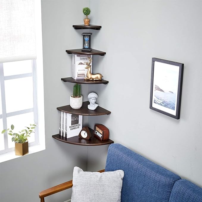 Corner Shelf, Solid Oak Wood Floating Corner Shelf Wall Mount Round End Floating Speaker Shelves with Wire Hole for Small Plant Photo Frame for Bedroom Kitchen, Living Room (Walnut, 7in)