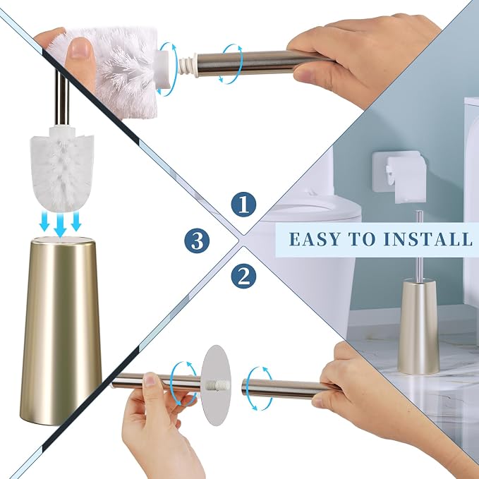 2 Pack Toilet Brush and Holder Set for Bathroom, Champagne Gold | Plastic Toilet Bowl Brush with 304 Stainless Steel Long Handle