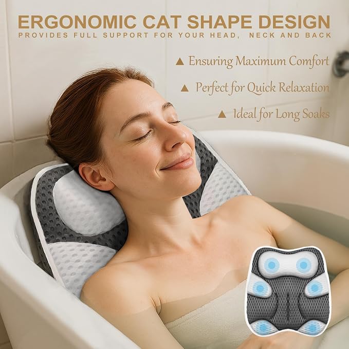 Bath Pillow for Tub Ergonomic Cat Shape Design Bath Pillow for Head and Neck Support SPA Gift Bathtub Pillow 4D Air-Mesh with 7 Suction Cups Washable Gray
