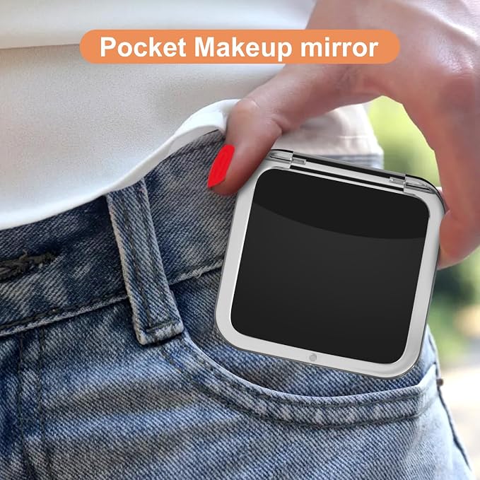SANTOO Compact 15X Magnifying Makeup Mirror for Travel, Small Pocket Mirror-Handheld, Foldable & Portable 2-Sided with 15X Magnifying and 1X Mirror for Purses - Square 3.3 x 3.3 inch (Black)