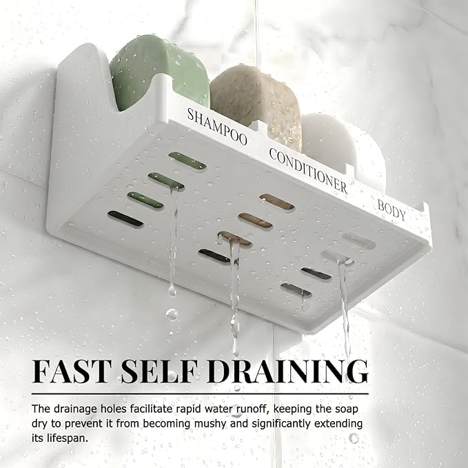 Soap Holder for Shower Wall, 3-Compartment Soap Dish for Shampoo, Conditioner and Body Soap, Fast Draining & Rust-Proof & Heavy Duty, Ultra-Strong Adhesive for Long-Term Bathroom Use & Freestanding