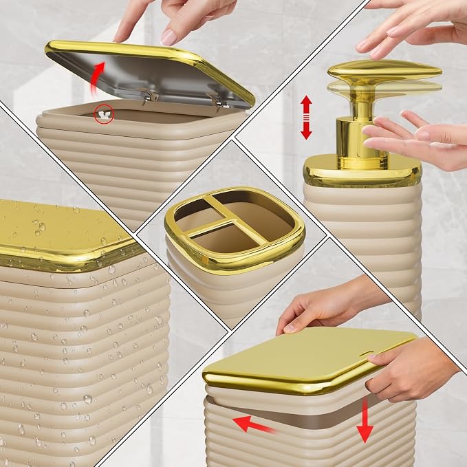 Bathroom Set - 10PC Bathroom Accessory Set, Beige Bathroom Set, Luxury Bathroom Accessories Set, Trash Can, Toilet Brush, Soap Dish, Qtip Holder & Soap Dispenser