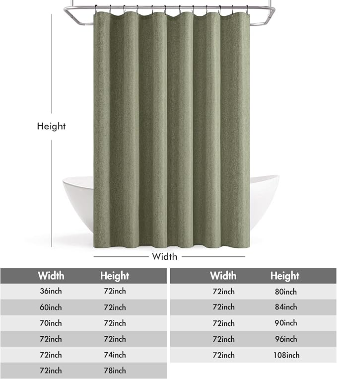 ANRODUO Olive Green Extra Long Linen Fabric Shower Curtain Set - W72xL96 | Farmhouse Shower Curtain with 12 Metal Hooks, Waterproof Heavy Duty, Button Hole Design, Machine Washable for Bathroom
