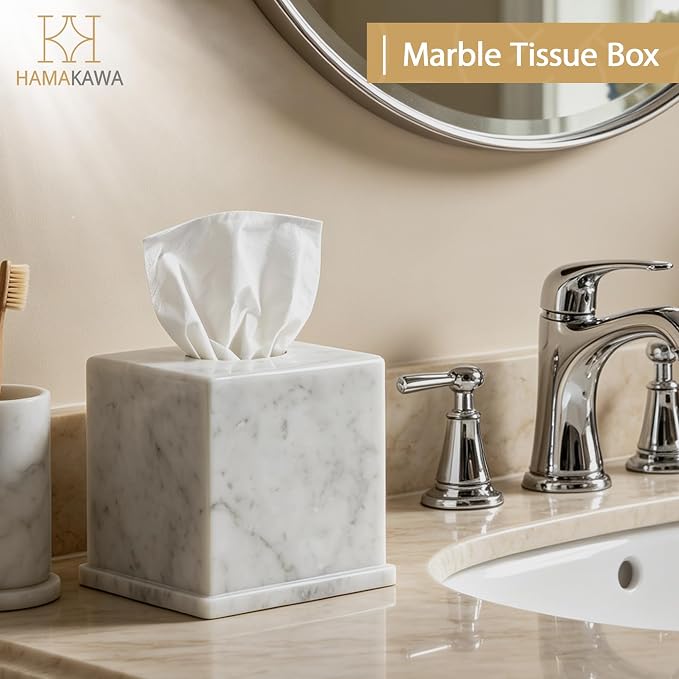 Natural Marble Tissue Box Cover, Carrara White Tissue Organizer 6 x 6 x 5.7 inch, Heavy Stone Decorative Box, Square Tissue Box Holder for Home Decor, Kitchen, Bathroom, Bedroom