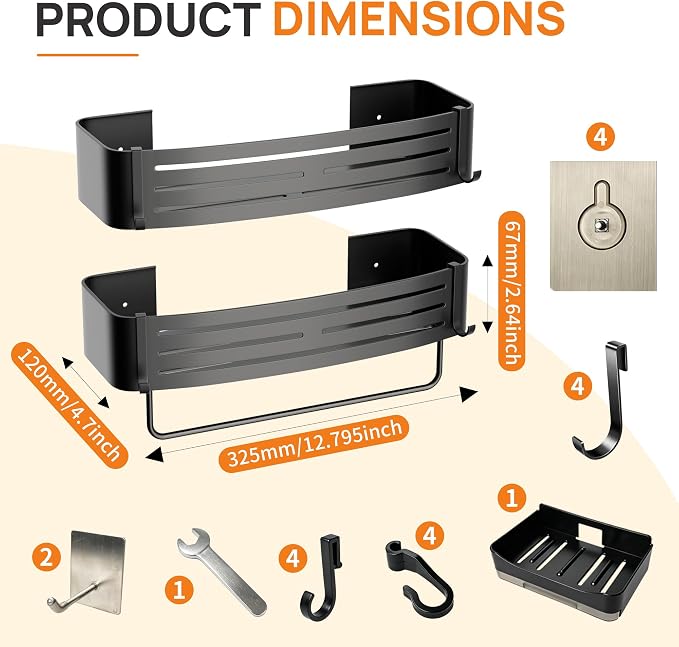 Black Adhesive Square Shower Caddy with Towel Bar, Soap Holder and Hooks | Adhesive black shower basket with towel bar, soap holder and hooks for smooth tile, glass, stainless steel and bathroom walls