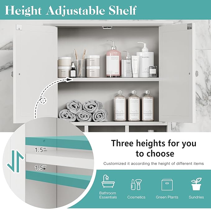 Bathroom Wall Cabinet, Bathroom Cabinet Wall Mount with 2 Doors and 3 Open Shelves, Over the Toilet Wood Medicine Cabinets, White