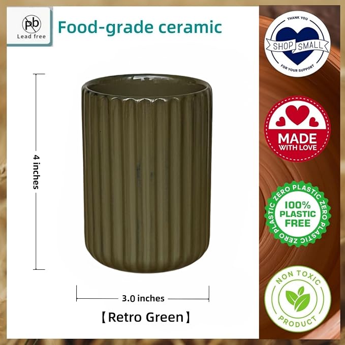 Stoneware Toothbrush Holder for Bathroom Tooth Brush Holder for Bathroom Toothbrush Cup Toothbrush Holders Cute Fluted Vertical Ribbed Stripe (Retro Green)