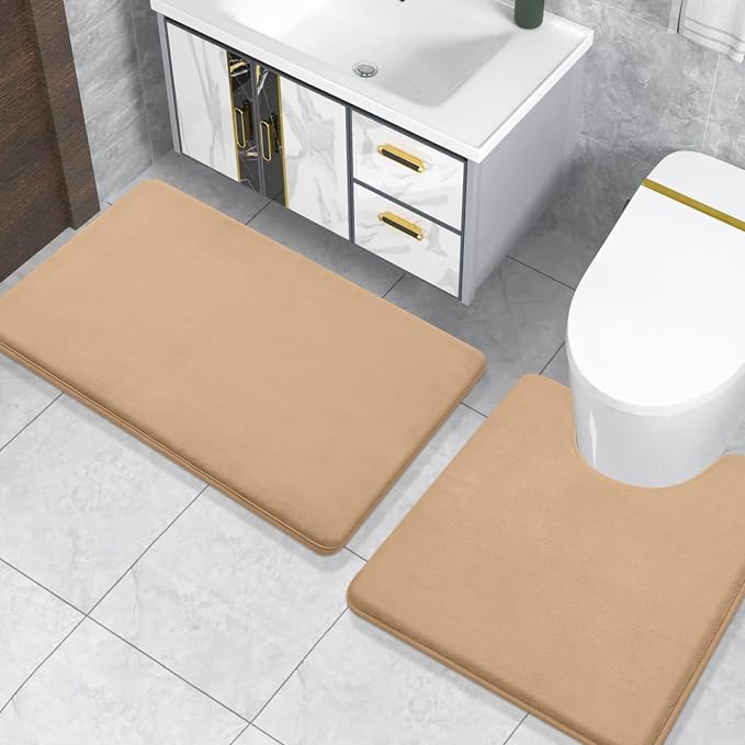 Smiry Memory Foam Toilet Rugs 24x20, Extra Soft Absorbent Bathroom Rugs | Camel, Quick Dry Machine Washable Non-Slip Contour Bath Mat for Toilet
