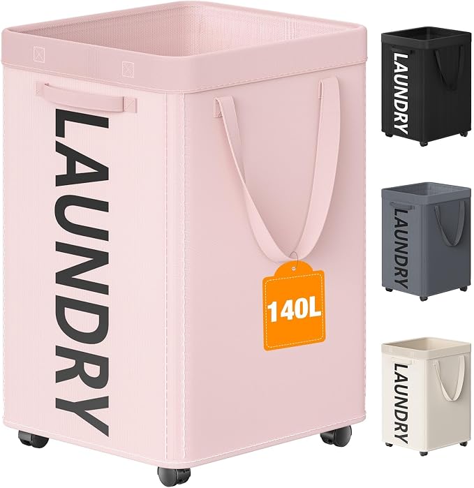 Optish 140L Laundry Hamper with Wheels, Rolling Laundry Basket with Removable Mesh Bag, Extra Large Clothes Hamper on Wheel for Bedroom, Bathroom, Dorm Room Essentials, Pink