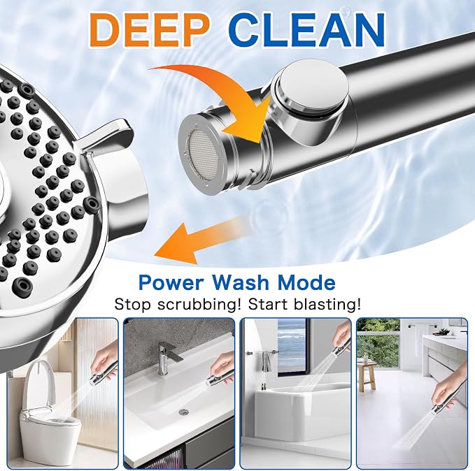 Shower Head with Handheld with 5 Spray Modes and Detachable Power Wash, High Pressure Shower Head with ON/OFF Switch for Pets, Clean Tub, Shower Heads with Stainless Steel Hose