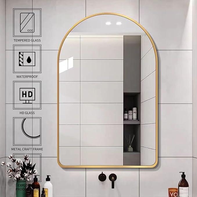 Arched Bathroom Mirror 20"x28", Gold, Tempered Glass | arch bathroom mirror gold wall mounted vanity tempered glass metal frame bedroom entryway living room