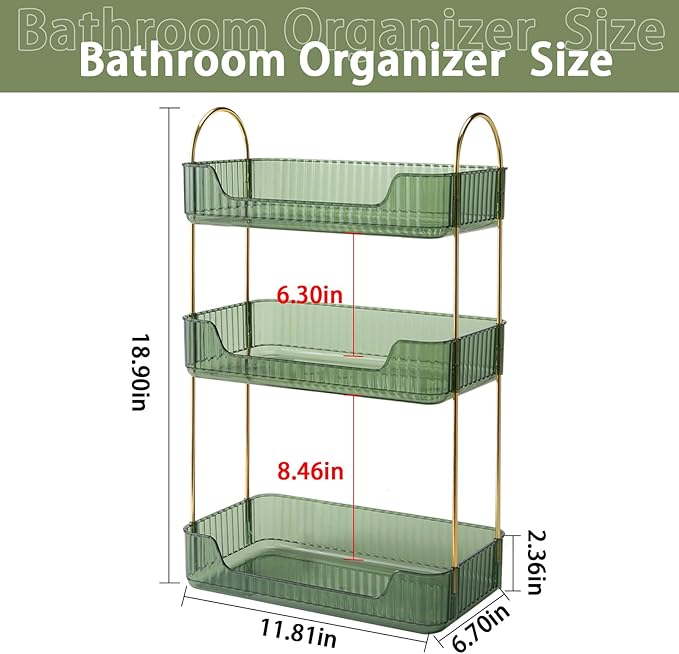 3 Tier Bathroom Counter Organizer Countertop Storage, Cosmetics Skincare Shelf Organizer, Makeup Organizer Perfume for Dresser Vanity Tray, Spice Rack Organizer for Kitchen - Green