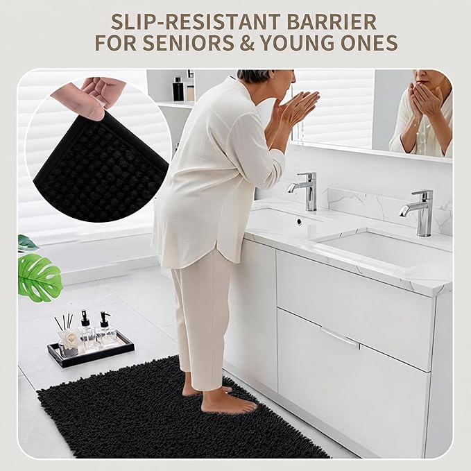 Bathroom Rugs Non Slip Washable 36x24, Extra Thick Soft Chenille Absorbent Bath Mat, High Density Barrier Non Slip Backing, Quick Dry Plush Shaggy Floor Carpet for Tub&Shower, Black