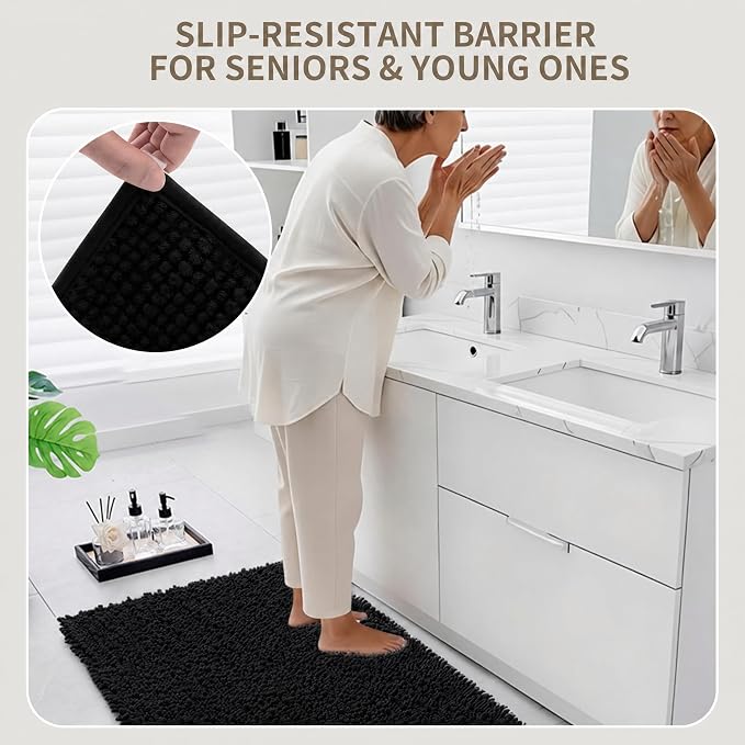 Bathroom Rugs Non Slip Washable 32x20, Extra Thick Soft Chenille Absorbent Bath Mat, High Density Barrier Non Slip Backing, Quick Dry Plush Shaggy Floor Carpet for Tub&Shower, Black