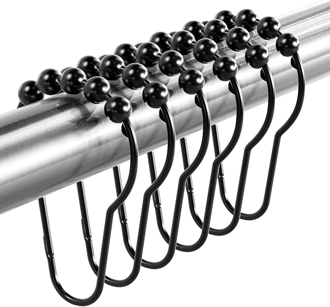 Titanker Shower Curtain Rings Hooks, Rust-Resistant Metal Shower Curtain Hooks for Bathroom Shower Rods Shower Hooks Shower Rings for Curtain - Set of 12, Matte Black
