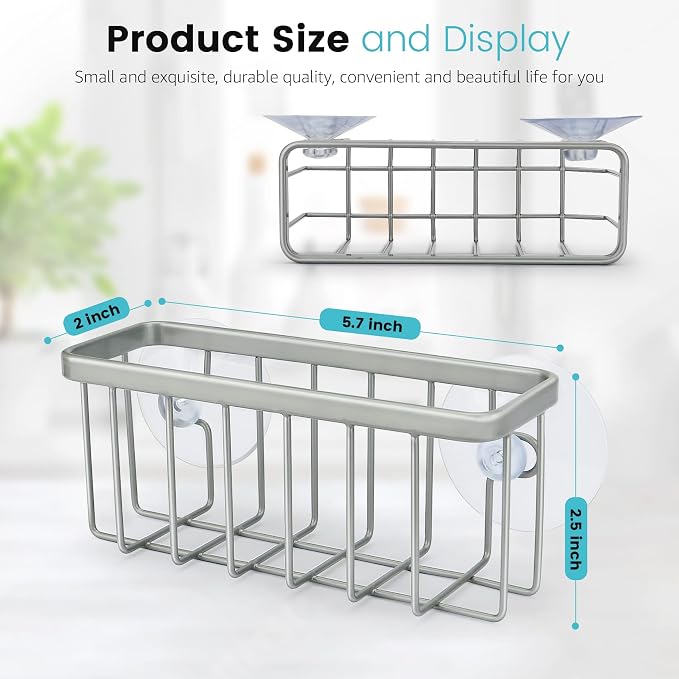 HLOOL Sponge Holder for Kitchen Sink, Kitchen Sink Caddy -Mat Silver | Dish Soap Holder,Rustproof Kitchen Sink Organizer for Sponge, Brushes, Stoppers and Scrapers Storage Accessories
