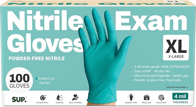 SUP Powder-Free Nitrile Exam Gloves, 100 Count Food Safe Latex-Free Disposable Gloves for Medical Lab Cooking Cleaning, Teal