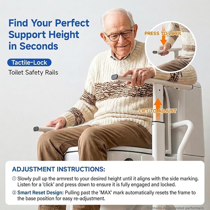 Toilet Safety Rails for Seniors, Heavy Duty Frame with Handles | 350lbs Reinforced Iron, Triple Stability with 2 Suction Cups & Rear Bar, Adjustable Height & Width