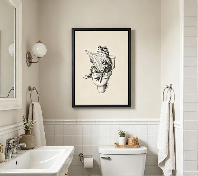 Black Floating Framed Funny Frog Bathroom Canvas Wall Art Humor Animal Painting Picture Wall Decor Frog on Toilet Reading Newspaper Poster Print Artwork for Bathroom Washroom Home Decoration 12x16in