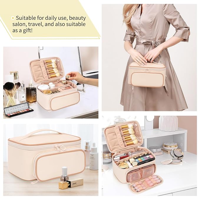 Makeup Bag, Multifunctional Large Cosmetic Organizer Toiletry Brushes Storage Case for Women Girls with Handle Divider - Beige