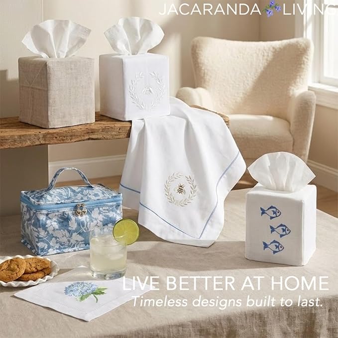 Square Tissue Box Cover, Double Lined, Square Opening, Fabric Tissue Holder, Decorative Cloth Tissue Cube Cover - Natural Linen, Plain