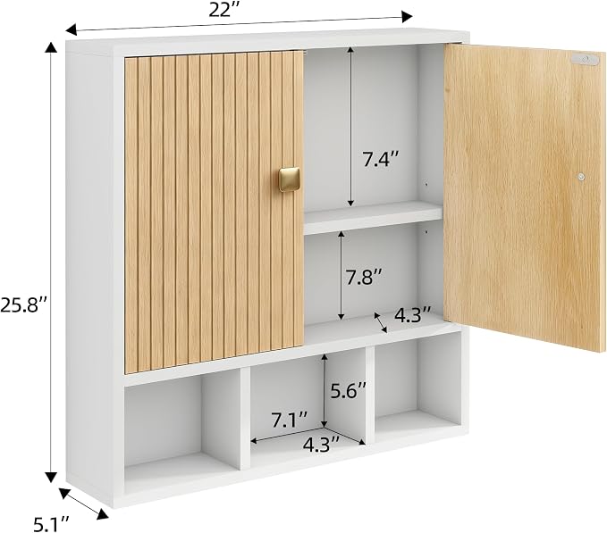 Bathroom Wall Cabinet,Wooden Medicine Cabinet with Fluted Doors Over The Toilet Storage Cabinet with Adjustable Shelf for Bathroom,White