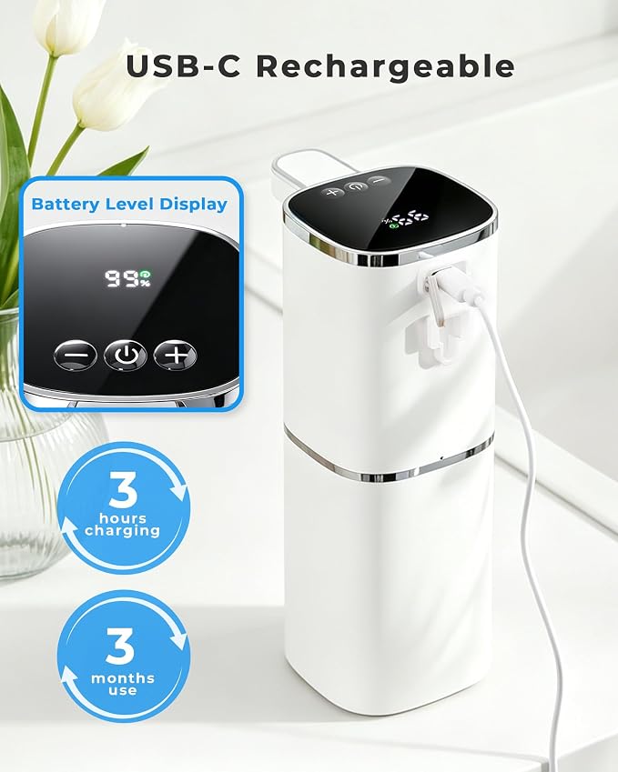 2 Pack Automatic Liquid Soap Dispenser, USB Rechargeable | , 13.5oz/400mL, 9-Adjustable Liquid Levels, IPX5 Waterproof, Touchless & Wall/Tabletop Use for Kitchen Bathroom, White