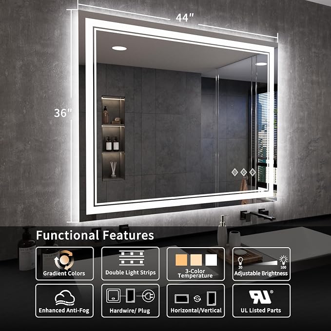 LED Mirror, 44x36 Inch Gradient Front and Backlit Lighted Mirror, 3 Colors Dimmable CRI>90 Double Lights, IP54 Enhanced Anti-Fog, Hanging Plates Bathroom Mirror with Lights
