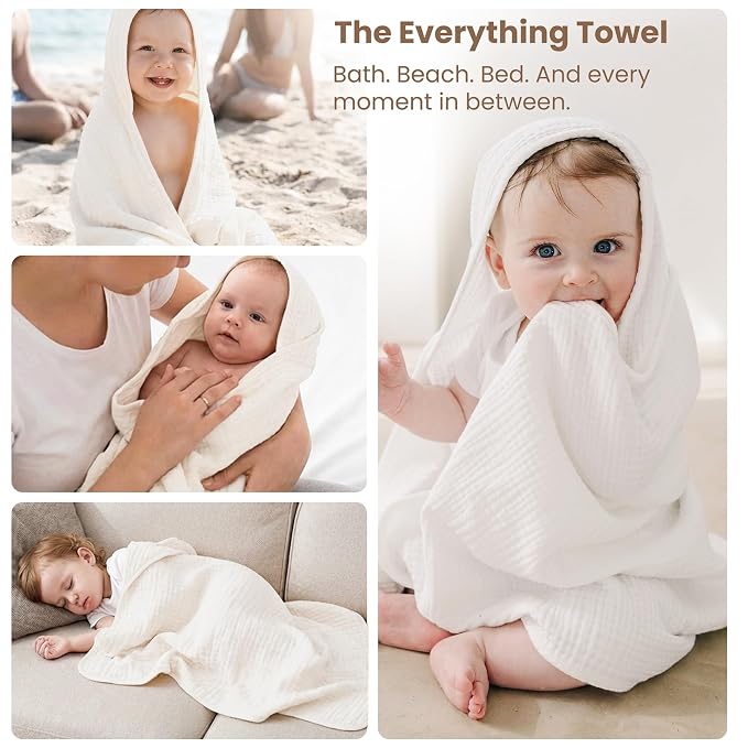 Konssy 2-Pack Muslin Hooded Baby Towels, Bath Towel for Newborns, Toddlers | 32 x 32 In, Ultra-Soft & Absorbent, 100% Cotton Bath Towels Set With Hood for Infants, Boys and Girls (Cream, Camel)