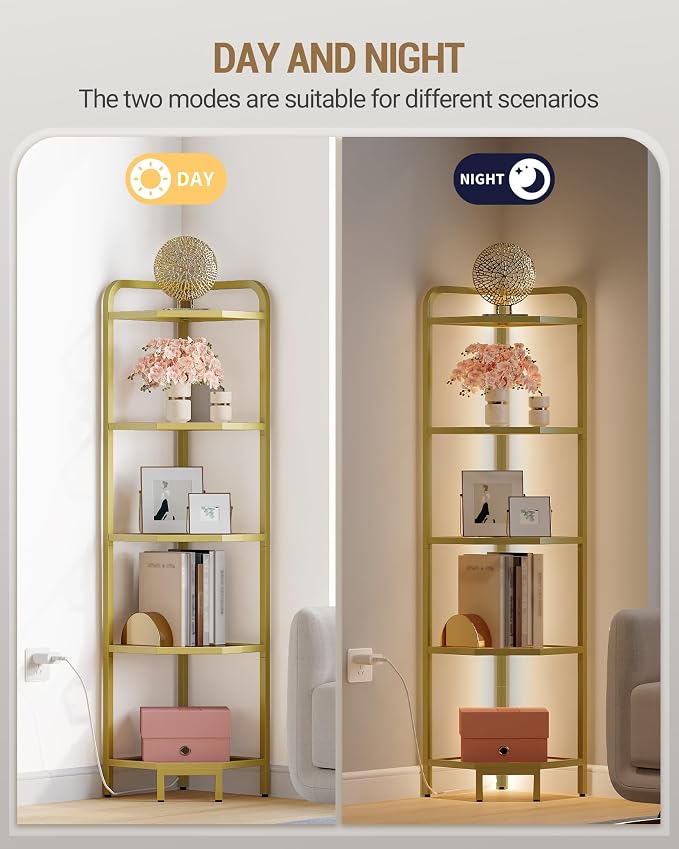Hzuaneri Corner Shelf with LED Lighting, 5-Tier Glass Bookshelf | Steel Frame, Tempered Glass, Modern Style Corner Shelf, Suitable for Living Rooms, Bedrooms and Games Rooms CS09599G
