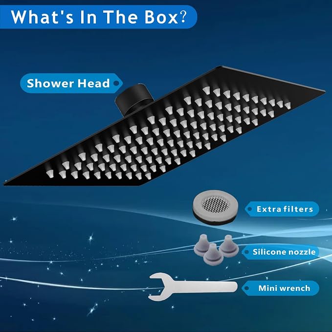Voolan Extra Large Rain Shower Head - High Flow Square Rainfall Showerhead - Waterfall Full Body Coverage - Universal Ceiling or Wall Mount (16 * 12 Inch Rectangle, Matte Black)