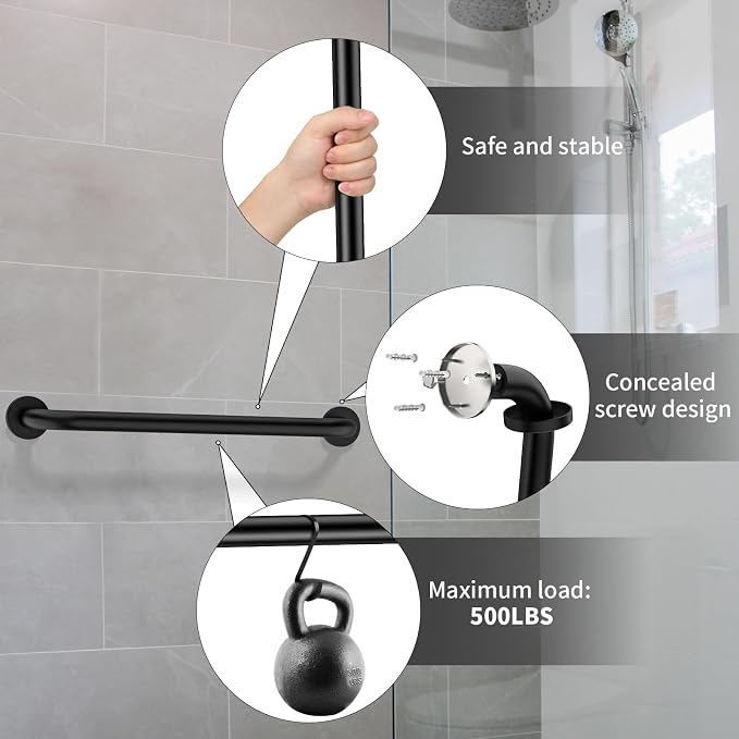 2 Pack 24 Inch Matte Black Shower Grab Bar - 1.5" Diameter, ZUEXT Stainless Steel Bathroom Grab Bar Handle, Bath Balance Bar,Safety Hand Rail Support, Handicap Injury Elderly Senior Assist Bath Handle