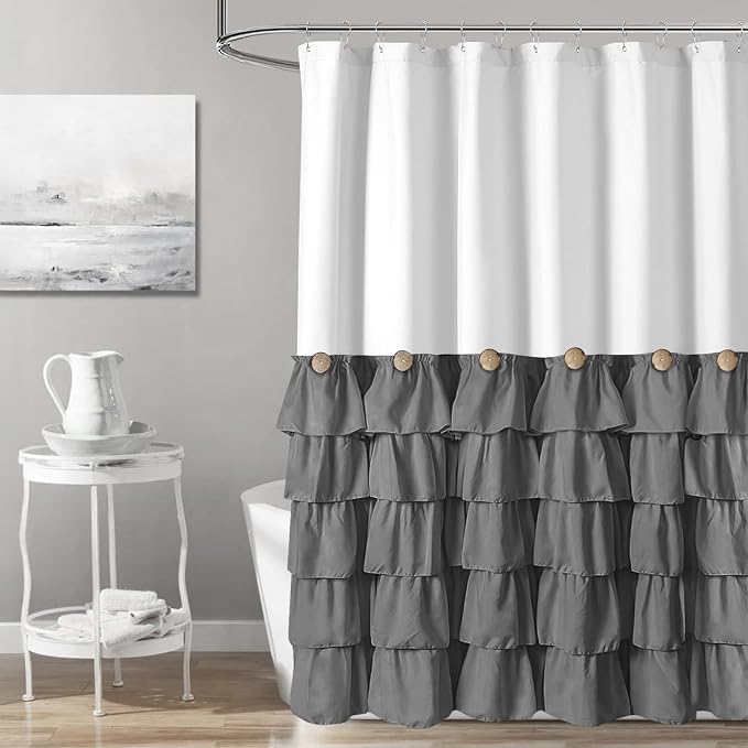 Seasonwood White and Gray Shower Curtain 72 x 72 | Natural button accents, layered fabric tiers, shabby chic and French country styling for decorative bathroom updates