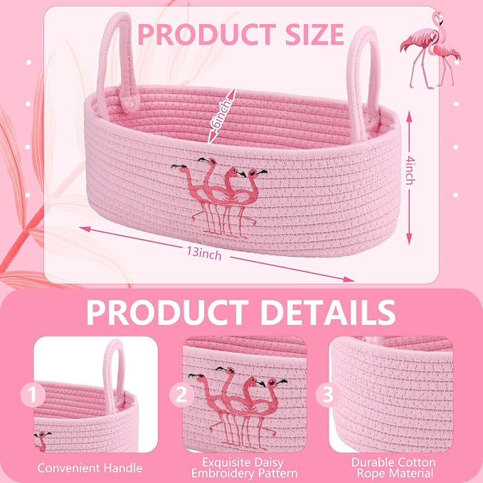 Vesici Pink Flamingo Bathroom Basket Woven Cotton Rope Storage 13x6x4 Inch | Boho Decor Basket for Countertop, Toilet Tank Organizer with Handles, Nursery Toys Storage, Bedroom Decorative Bin