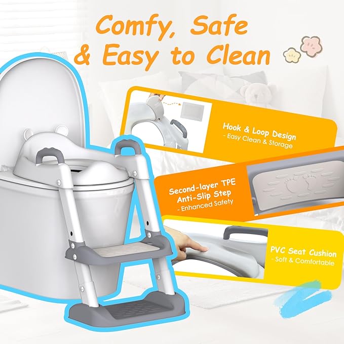 HBTower Potty Training Seat with Step Stool Ladder & Safety Handles,Grey | Foldable Toddler Toilet Seat with Splash Guard for Boys and Girls, Comfortable Kids Potty Cushion & Anti-Slip Pads