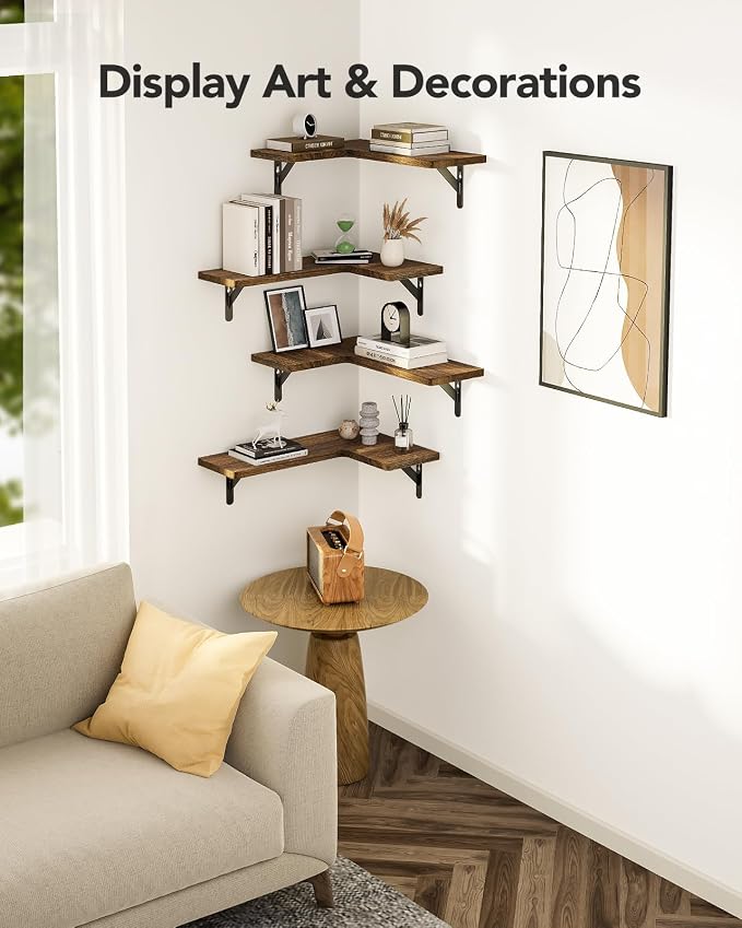 Amada Corner Floating Shelves, Paulownia Wood, Set of 4, Brown | Corner Wall Shelves with Triangular Metal Bracket, 44 lbs Capacity per Shelf, L-Shaped Design for Home Decor, Office, Bedroom