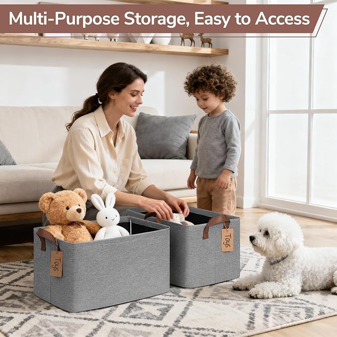 CHICVITA 4 Pack Large Foldable Storage Baskets for Shelves, Gray | 16.8 × 11 × 9.8 in, Metal Frame, Leather Handles, Clothes, Toys & Towels Storage, Nursery & Living Room Organization