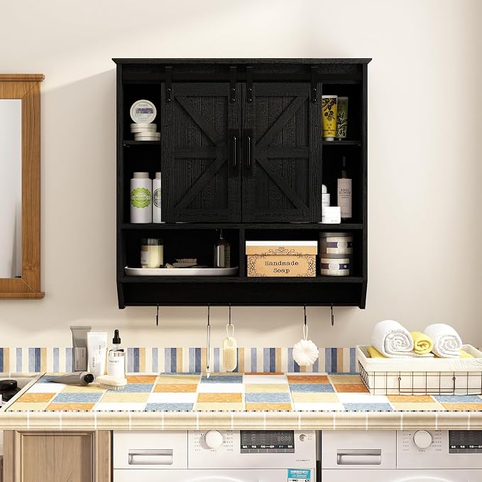RUSTOWN Farmhouse Bathroom Wall Storage Cabinet with Sliding Barn Doors | 3-Tier, Rustic Wood Wall Mounted Cabinets, Vintage Medicine Cabinet, Adjustable Shelves, Over The Toilet Storage Cabinet