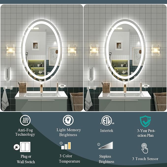 OKPAL Oval LED Mirror for Bathoom 40X24, Oval Bathroom Mirror with Lights, Dimmiable Lighted Vanity Mirror, Anti-Fog, Shatter-Proof, Memory, 3 Colors (Front Lights + Backlit)