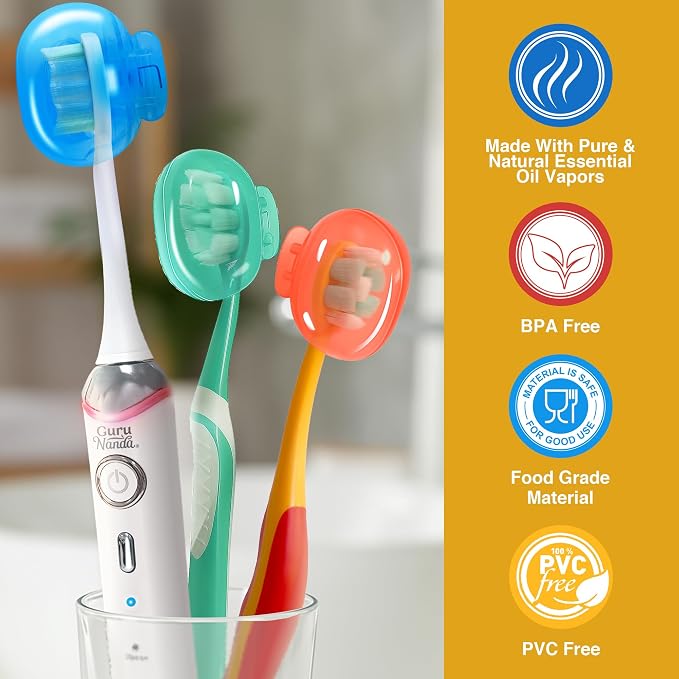 GuruNanda Brush Pods - Toothbrush Cover for Manual & Electric Toothbrush, Keeps Toothbrush Fresh & Clean, Travel Accessories with Natural Essential Oil Vapors, 4 Pack